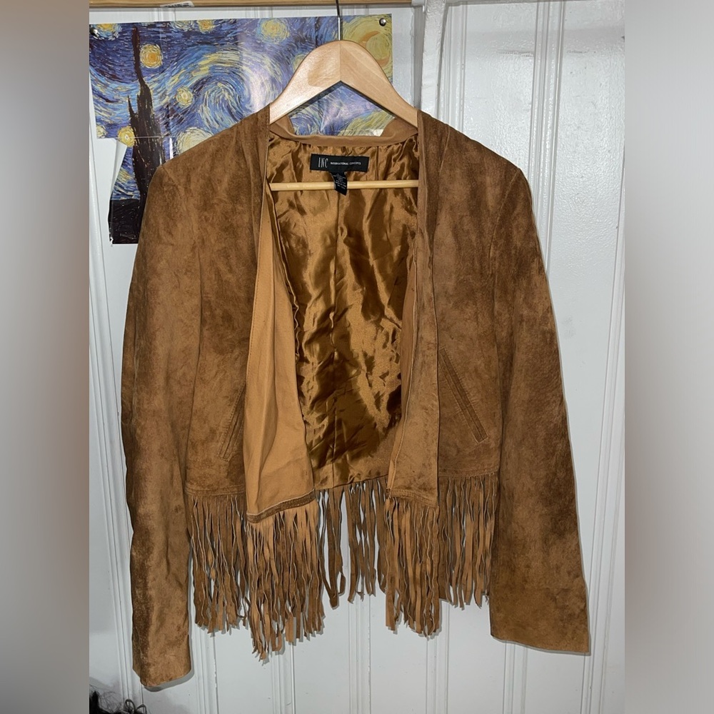 INC brown fringe jacket SZ M